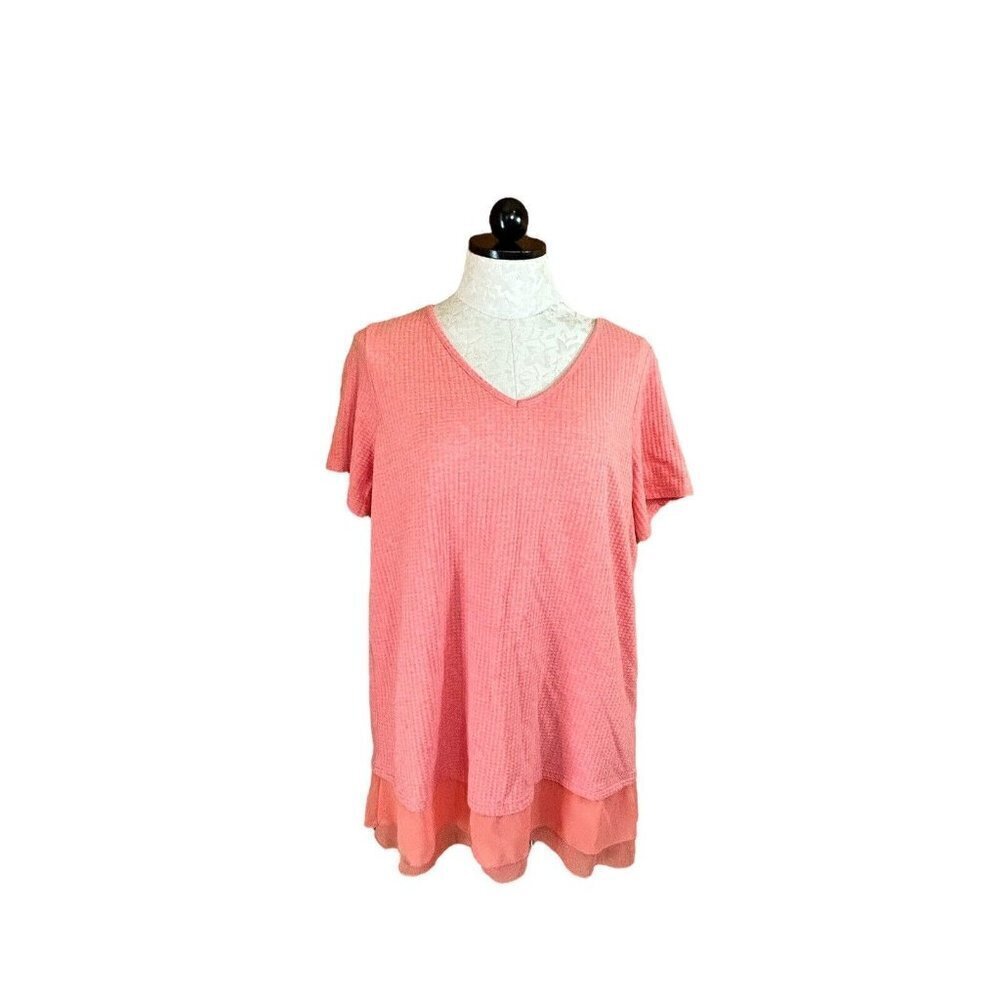 Soft Surroundings Blouse V-Neck Short Sleeve Waffle Textured M Pink Coral‎